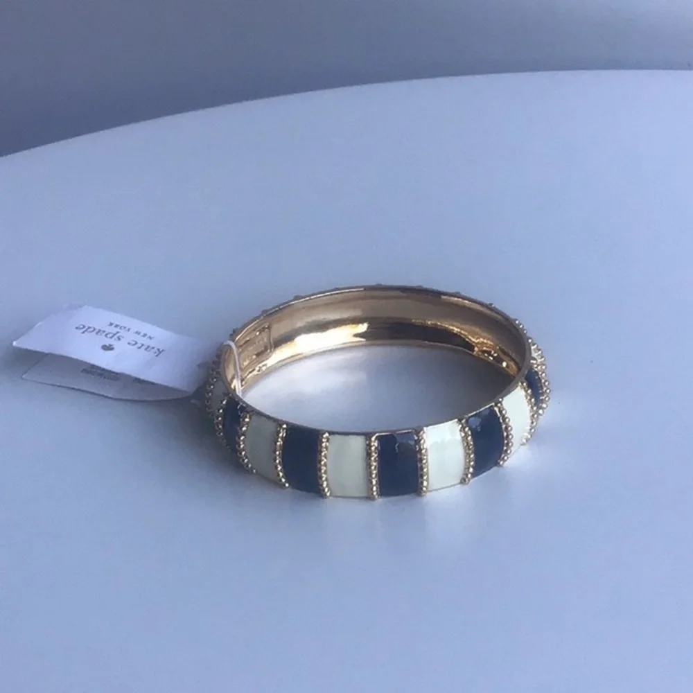 Kate Spade Gold, white ivory and Navy Striped beaded Bracelet chunky bangle - Picture 3 of 16